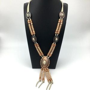 Vintage Handmade Concho Bolo Tassel Necklace Leather Strand Bronze Copper Tones